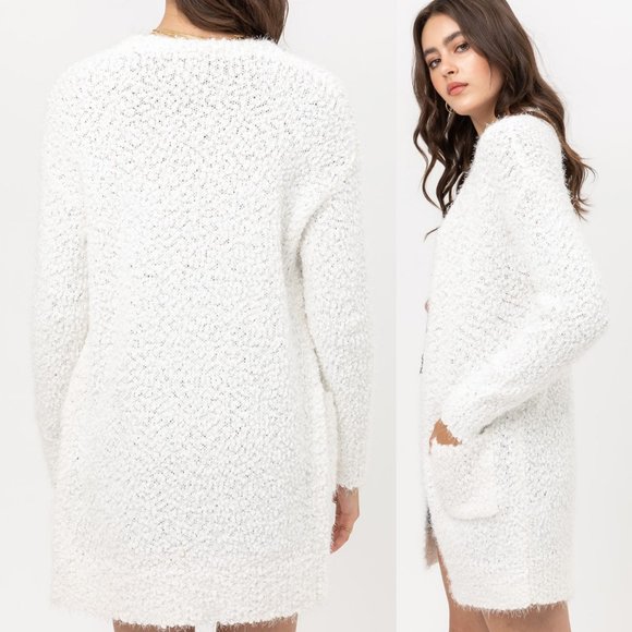 White Eyelash Popcorn Knit Long Cardigan Pockets - Picture 12 of 12